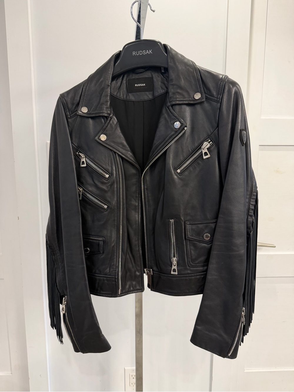 RUDSAK Black Leather Moto Jacket with Fringe and Silver Hardware